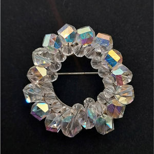 Vintage Aurora Borealis Brooch Circle Crystal Costume Jewelry